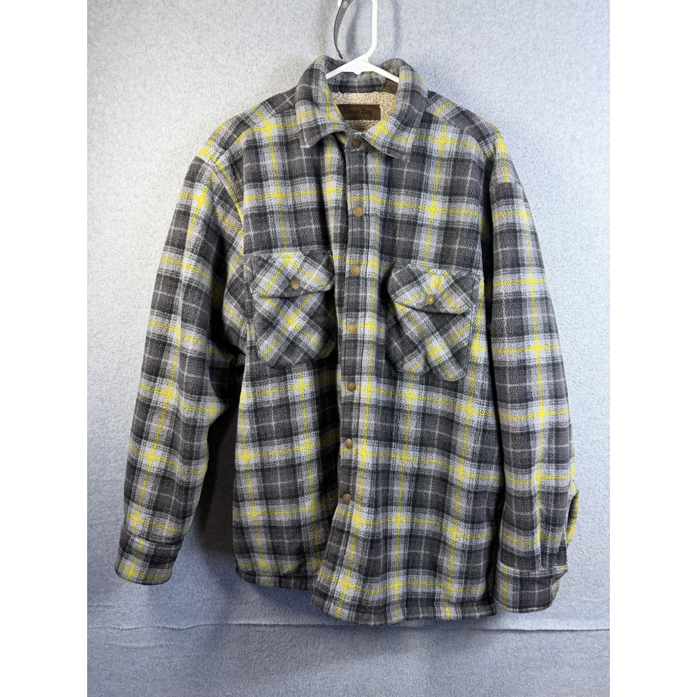 Marino Bay Jacket Mens Large Gray Plaid Fleece Sherpa Lined Snap Pockets Outdoor